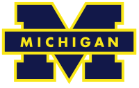 A blue block M with maize-colored borders and the word Michigan across the middle.