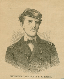 A black and white drawing of the shoulders and head of young man wearing the uniform of a midshipman in the United States Navy c. 1868.