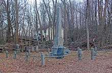 A group of graves inside a small metal railing low to the ground. In the middle is a large gray obelisk. Behind are bare trees, through which a nearby yellow house is visible.