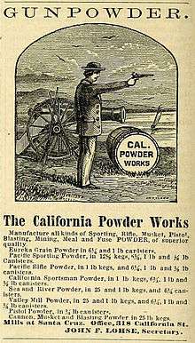 advertisement, with a woodcut of a man firing a pistol, with a barrel of gunpowder and a cannon in the background