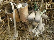 Various equipment hanging from a wall with green rope