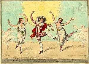 Three ballet dancers, two females around a male dressed in revealing costumes. The dancer on the right (Parisot) has an exposed breast.
