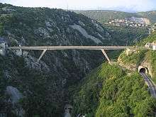 Prestressed rigid strut frame structure bridge carrying a road across a steep river canyon, between two tunnels