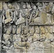 Musicians performing musical ensemble, bas-relief of Borobudur.