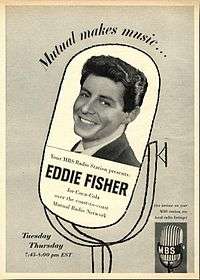 Photograph of a man smiling, superimposed on an illustration of a microphone and accompanied by advertising copy in the same format as the preceding image.