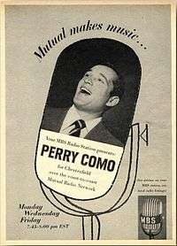 Photograph of Perry Como singing, superimposed on an illustration of a microphone and accompanied by advertising copy, including the slogan "Mutual makes music ...".
