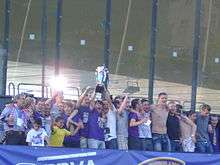 Maribor players celebrating their ninth league title (29 May 2011, after the last round vs Domžale).