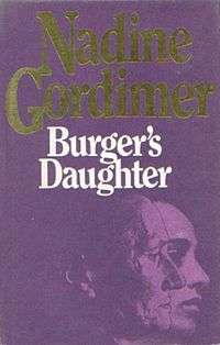 Front cover of the first UK edition of Burger's Daughter showing the author's name and book title, and an illustration of the head of a man partially obscuring the head of a woman