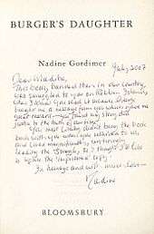 Title page of Burger's Daughter with a hand-written inscription by Nadine Gordimer addressed to Madiba (Nelson Mandela)