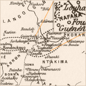 Map of two dozen locations in half a dozen regions. The central region's name, "NAFANA", is magnified in an inset. Other region names include "ABRON" and "NTAKIMA"; location names include "Bondoukou", the largest location in the NAFANA region.