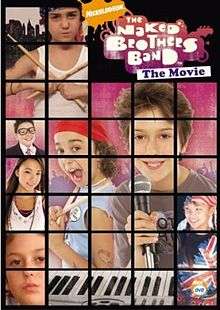A rectangle split into squares, showing movie logo and images of a boy holding up drumsticks, a boy dressed as the band manager, a girl in a white shirt, a boy with a microphone, and a boy with a US flag bandana and a shirt displaying a Union Jack. Most prominent is an image of two boys—one holding drumsticks and the other holding a microphone.