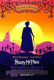 silhouette of Nanny McPhee against brightly coloured background