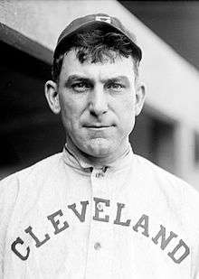 A man wearing a white baseball jersey with "CLEVELAND" across the chest in block script and a dark baseball cap with a white "C" on the face