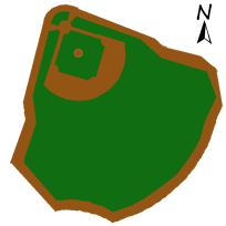 An illustration showing the shape of the field with grassy areas shown in green and dirt in brown