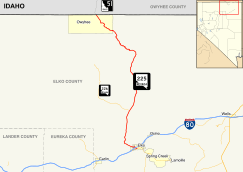 Nevada State Route 225 moves north-northeast from Elko to Owyhee near the southwestern Idaho corner