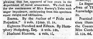 Snippet from magazine which reads "Emma. By the author of 'Pride of Prejudice'. 3 vols. 12 mo. 1l. 1s."