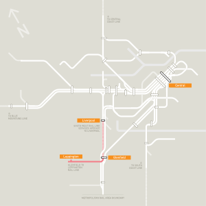 New South Wales Metropolitan Rail Area with South West Rail Link highlighted in pink.