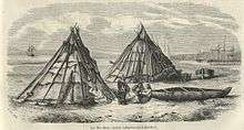 A drawing of three First Nations people in front of two tipis. There are two canoes on the shore and several larger ships in the water beyond.