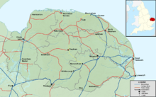 A map showing the active, heritage, and former railways of Norfolk
