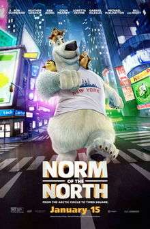 A big white bear ,walking in the city's streets, with three little otters over his shoulders and head, with a white T-Shirt of "New York" and the film's title, slogan and billing underneath him.