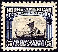 Bicolor five cent postage stamp showing a Viking ship, pointed right (east)