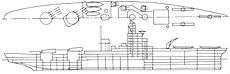 A line drawing of a ship with two stern gun turrets, both on the centerline, and catapults and a crane forward for aircraft