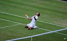 Novak Djokovic celebrates his 2011 Wimbledon semifinal win over Jo-Wilfried Tsonga. Victory meant that Djokovic successfully clinched the ATP world No. 1 Ranking for the first time in his career on 1 July 2011. He also reached his first ever Wimbledon final, which he eventually won.