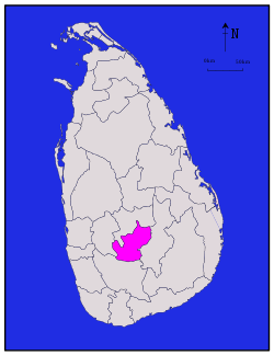 Area map of Nuwara Eliya District, located immediately south of the middle of the country and running roughly south west to north east, in the Central Province of Sri Lanka