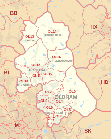 OL postcode area map, showing postcode districts, post towns and neighbouring postcode areas.