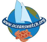 8 tone image of Earth with a banner that reads "OceansWatch" draped over where the equator is. A sea turtle takes up most of the southern hemisphere while two sailboat sails occupy the northern hemisphere.
