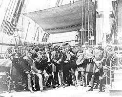Black and white photo of U.S. Naval Officers on ship off the coast of Korea in 1871.