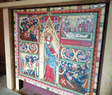 An altar frontal showing St Olav with axe in the middle and four scenes, each with roughly a quarter of the field, depicting his life and sainthood.