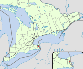 A map of the southern portion of the Canadian province of Ontario and environs, with the 400-series highway network superimposed. An inset of the Niagara Peninsula shows the location of Highway 420.