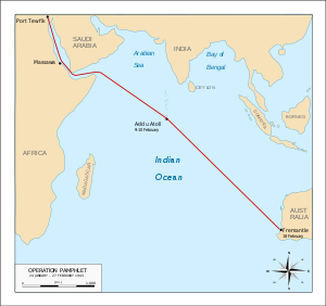 Map of the Indian Ocean region marked with the route taken by the ships involved in Operation Pamphlet as described in the article