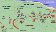 A map of the area around Caen showing the progress made by Allied forces between D-Day and 12 June, as described in the text.