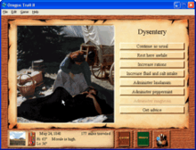 A screenshot from the Oregon Trail II game (Windows version) wherein a party member has dysentery and the player must choose a course of action.