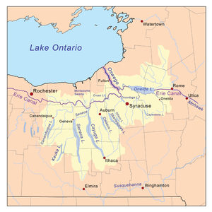 Map. The eastern half of Lake Ontario runs across the top half of the map. The bottom half shows several slender lakes running north-south; these are the Finger Lakes. Oneida Lake and Wood Creek are to the east of the Finger Lakes, near the map's center. The map indicates numerous rivers flowing out of the Finger Lakes, out of Oneida Lake, and from other sources. These waters flow into Lake Ontario at Oswego.