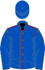 Royal blue, red seams, royal blue sleeves and cap