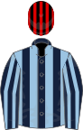Dark blue and light blue stripes, black and red striped cap