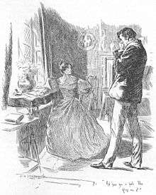 A woman and man wearing Victorian clothing stare at each other. The woman is sitting in a chair and the main is standing. They are in a drawing room.