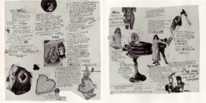 An open CD insert featuring a chaotic assemblage of typed and scribbled song lyrics, accompanied by photo cutouts of Catholic art, storybook images, and women in bondage.