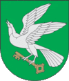 A coat of arms depicting a grey bird with a golden eye and wings outstretched holding a golden key all on a green background