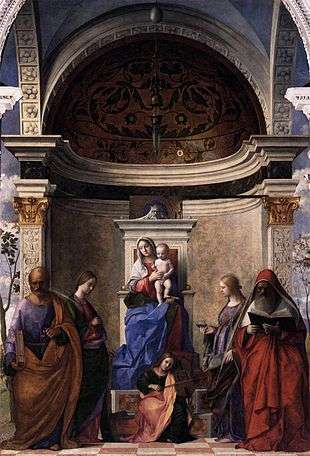  Oil painting. A large altarpiece in which the Madonna sits on a raised throne, with four saints and an angel as described in the article.