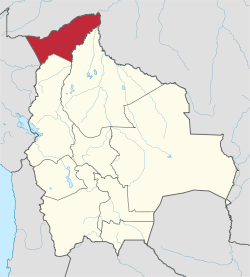 Map indicating the Pando Department within Bolivia