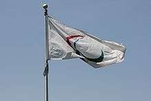A flag with three red, gree, and blue swooshes on a white background.  It is attached to a flag pole and is framed by a blue sky