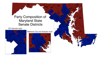 A map of Maryland showing the 47 Senate districts colored blue for districts controlled by Democrats and red for districts controlled by Republicans; it shows Democratic control of districts in central and southern Maryland, especially in Baltimore and suburban areas, with Republicans controlling the Eastern Shore and western Maryland