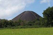 Large conical black mound with trees in the foreground