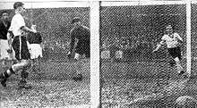 A black-and-white newspaper photograph: taken from behind the goalkeeper's left-hand goalpost, a football is pictured on the right-hand side, in the foreground; an association football player in a white shirt and black shorts is seen on the left-hand side.