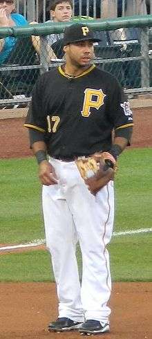 A man in a black baseball uniform and cap with yellow "P"s on his cap and chest with a baseball glove on his left hand.