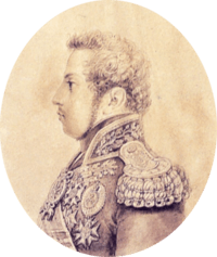 Half-length pencil or silverpoint sketch showing a young man with curly hair and long sideburns facing left who is wearing an elaborate embroidered military tunic with heavy gold epaulets, sash and medals